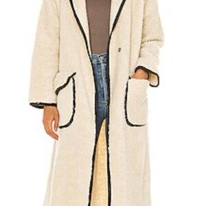 Free Prople Women's Cream Long Coat with Black Trim